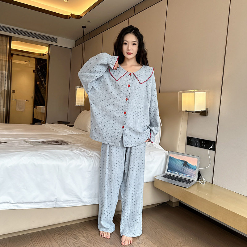 日系cherrykoko大码棉睡衣胖mm波点甜美风加大加肥双层纱可外穿女