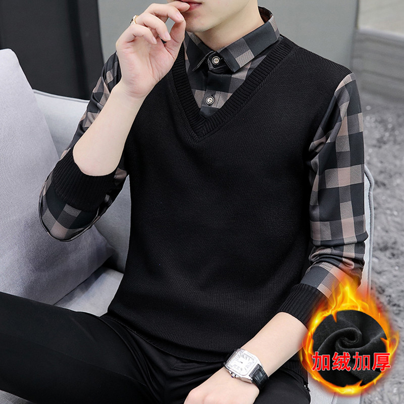 秋冬季新款假两件毛衣男潮流韩版衬衫领针织衫男装加绒加厚1204e