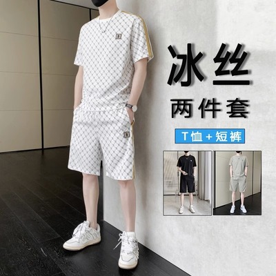 右敬青少年短袖夏季冰丝套装
