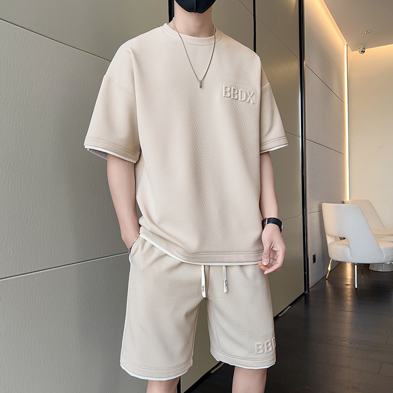 右敬青少年短袖夏季华夫格套装