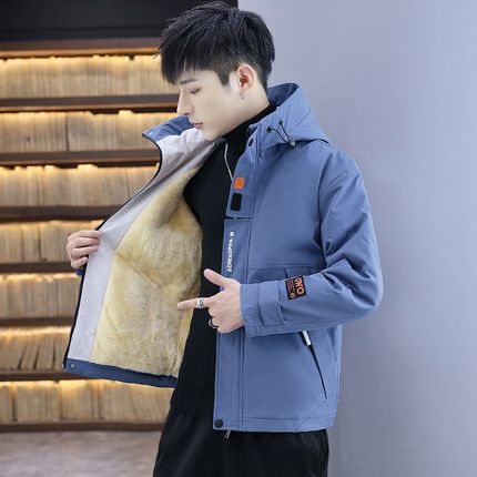 2025秋冬季加绒加厚外套男连帽工装夹克初中高中学生冬装棉服上衣