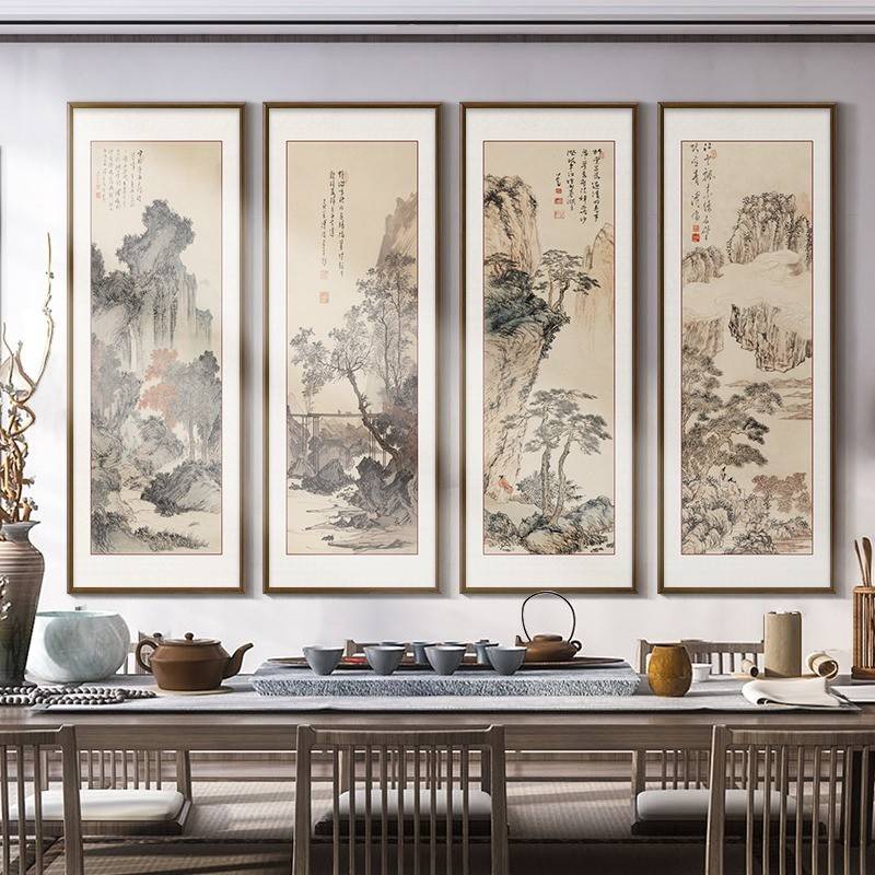 ~茶室壁画客厅装饰画新中式大气山水画沙发背景墙挂画办公室四联