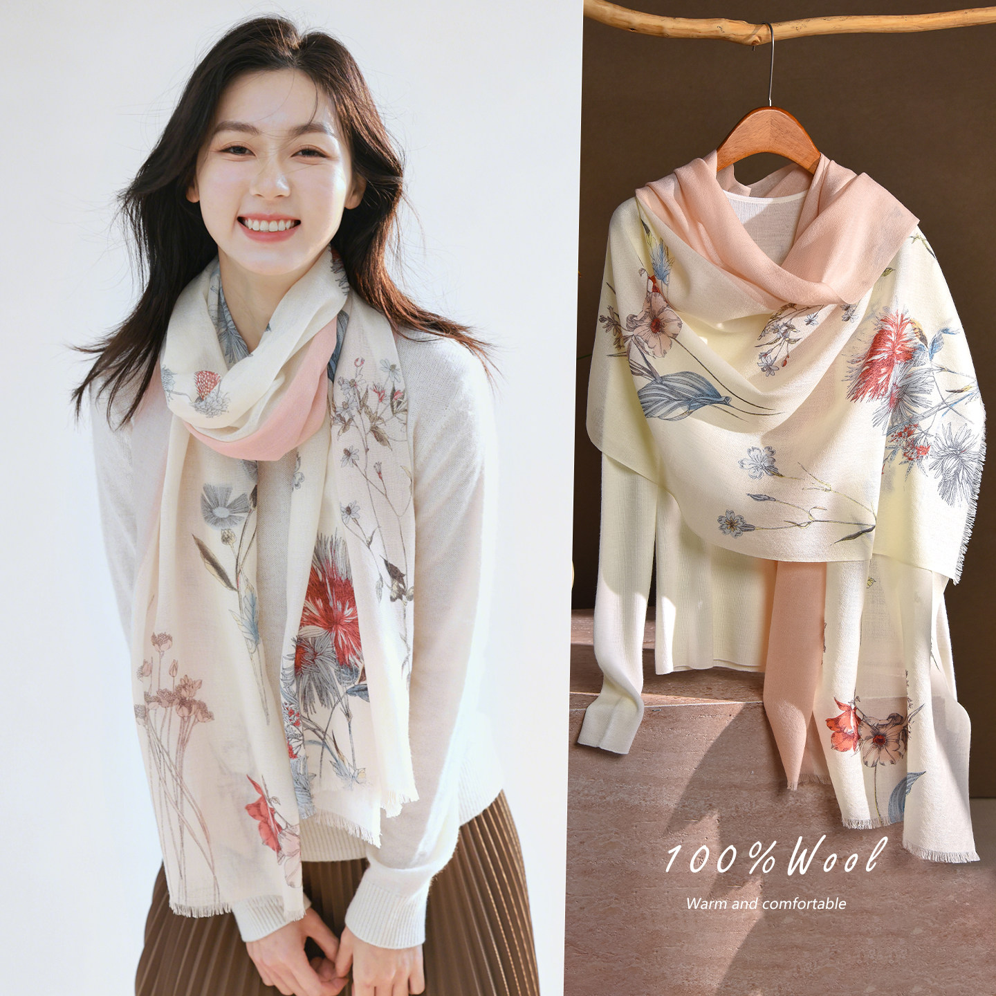 高品质纯羊毛粉色围巾女百搭旅游独特漂亮披肩秋冬薄款丝巾送女生