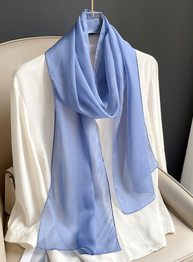 蓝色真丝丝巾女2025新款小长条围巾高级感护颈围脖秋季高端薄纱巾