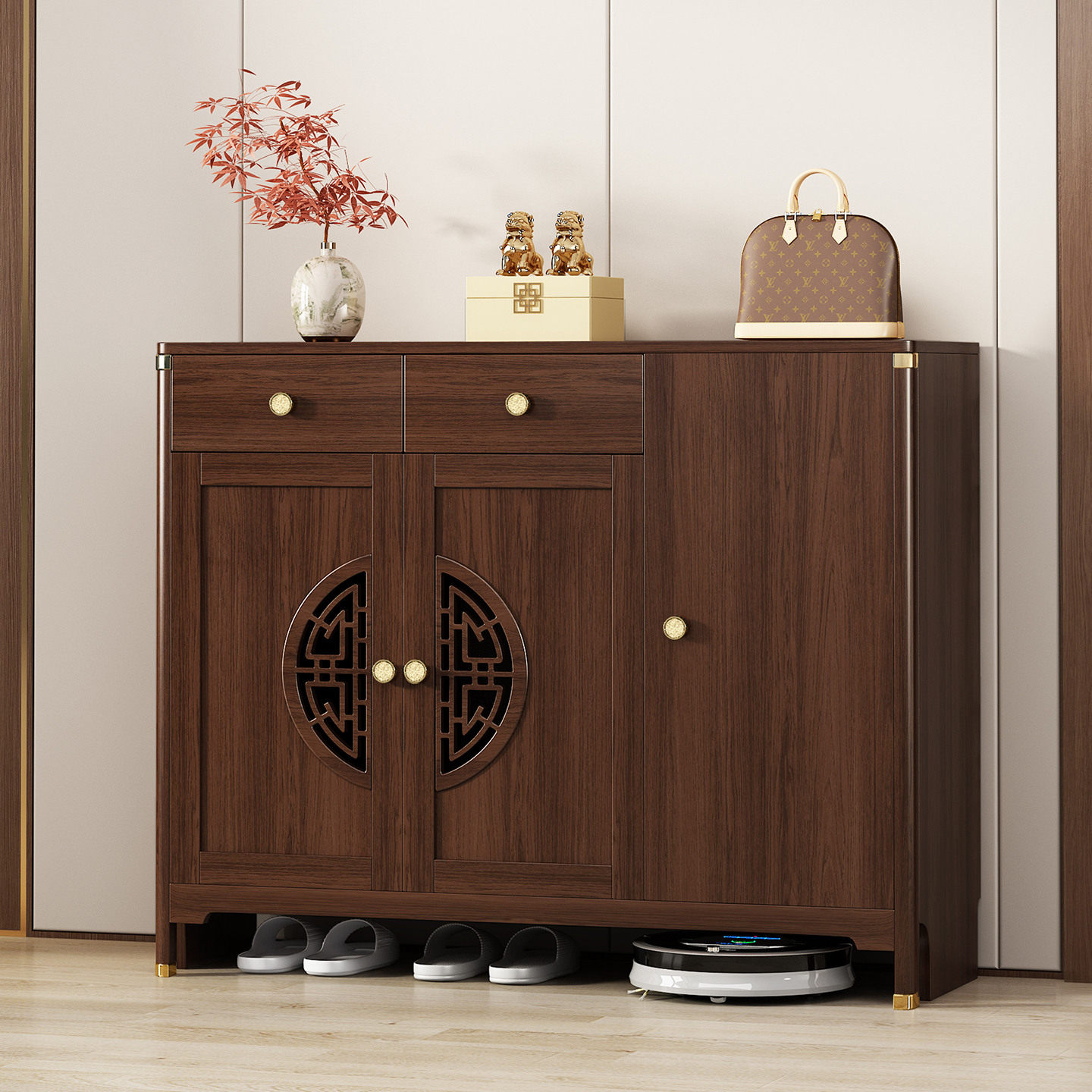 新中式实木鞋柜带挂衣架门厅柜