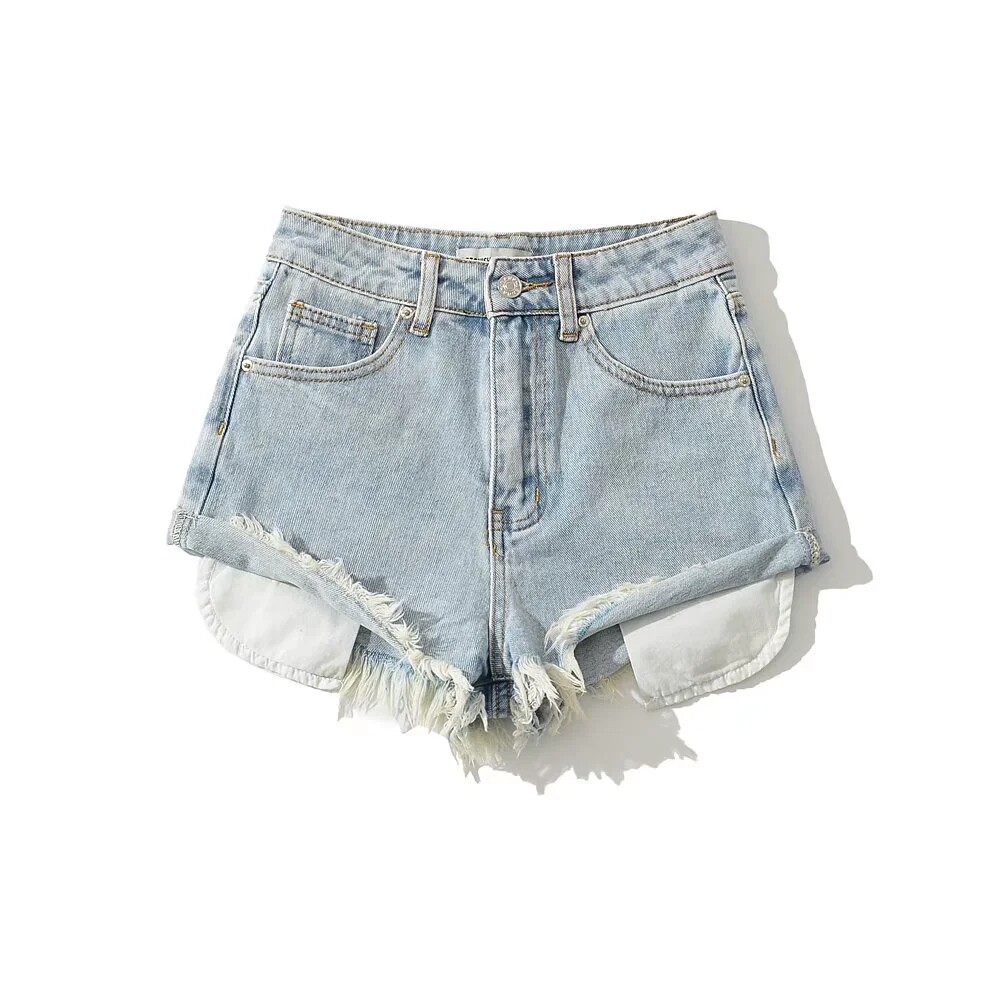 包邮 欧美重工水洗做旧破洞毛边牛仔裤女夏热裤a字薄款卷边包臀裤