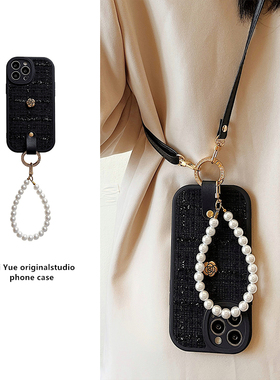 适用苹果16/15promax手机壳13小香风山茶花12珍珠手链Xs背带11斜挎16e挂绳plus女xr小众7链条8p轻奢iPhone14