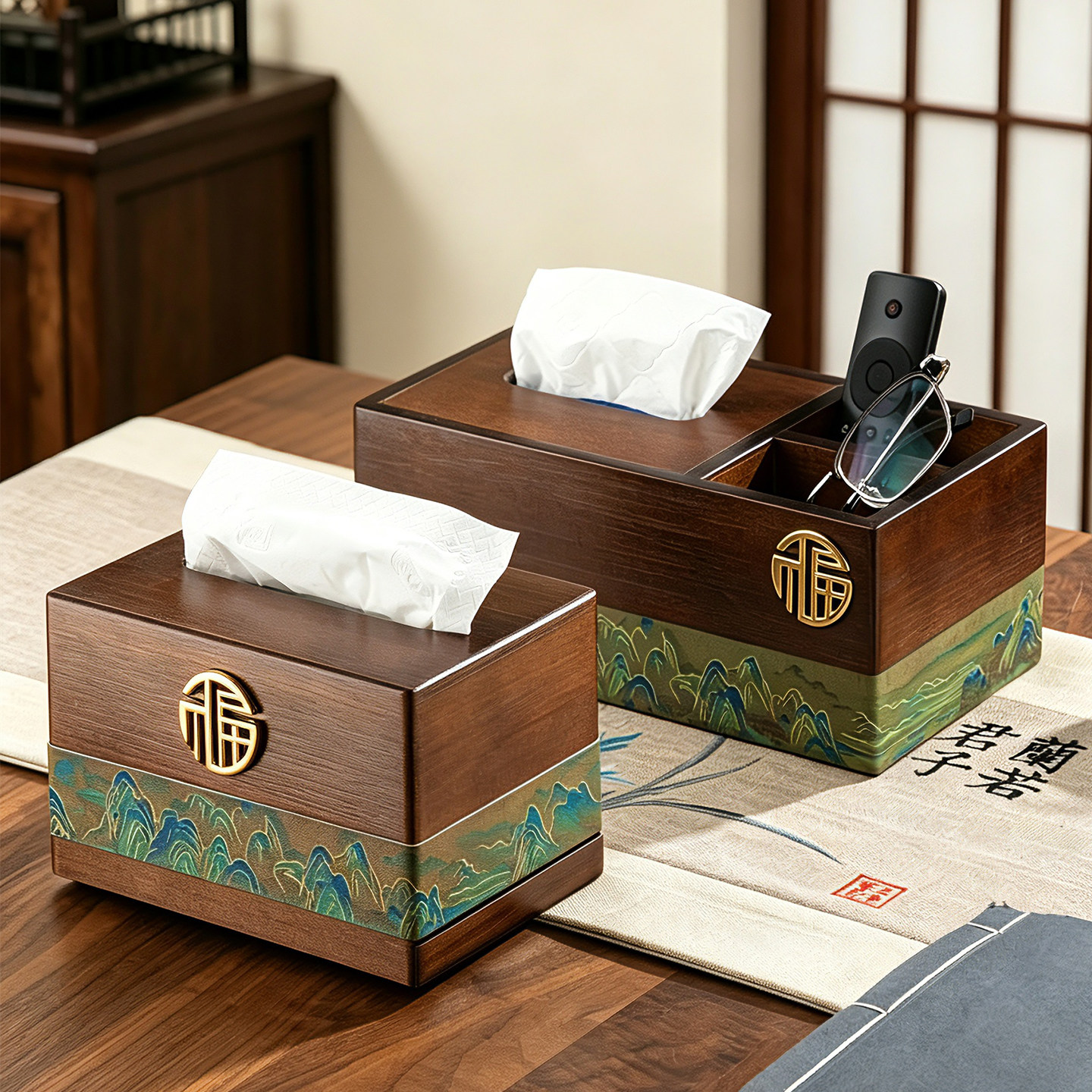 新中式实木纸巾盒家用玄关桌面遥控器多功能收纳盒抽纸盒高颜值图片