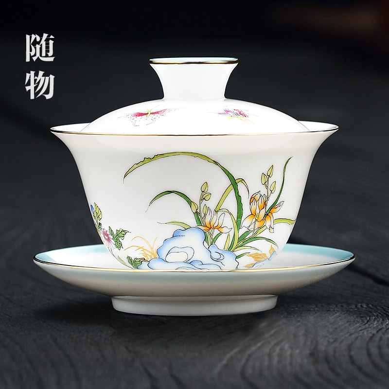 描金轻奢高端盖碗茶杯单个三才杯大号泡茶杯茶具白瓷高档茶碗带盖,餐饮具,盖碗,淘宝优惠券,粉丝福利购,淘宝优惠卷