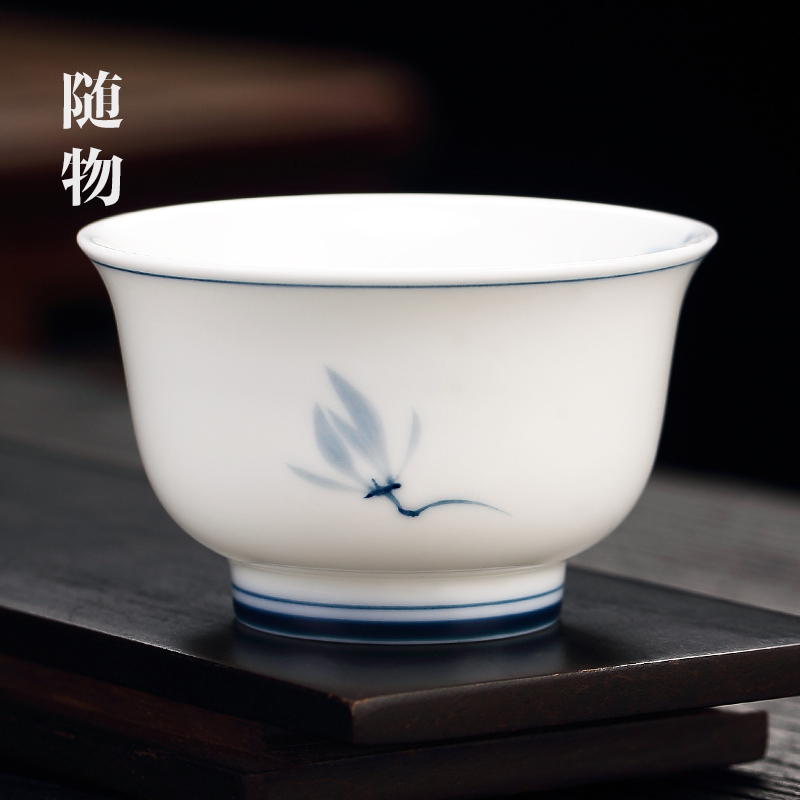 飘花青花瓷景德镇主人杯大号个人专用茶杯单杯白瓷茶碗青花品茗杯