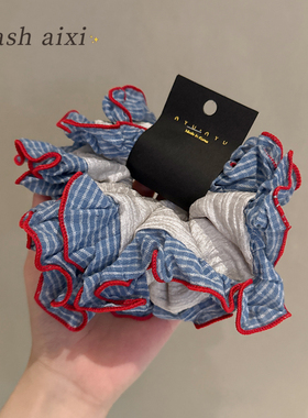 芭蕾风缎面蓝色条纹大肠发圈女发绳2026新款耐用不伤发低马尾头绳