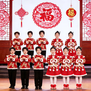 幼儿园喜庆开门红新年舞蹈演出服 加绒唐装 元 旦儿童拜年服女童冬季