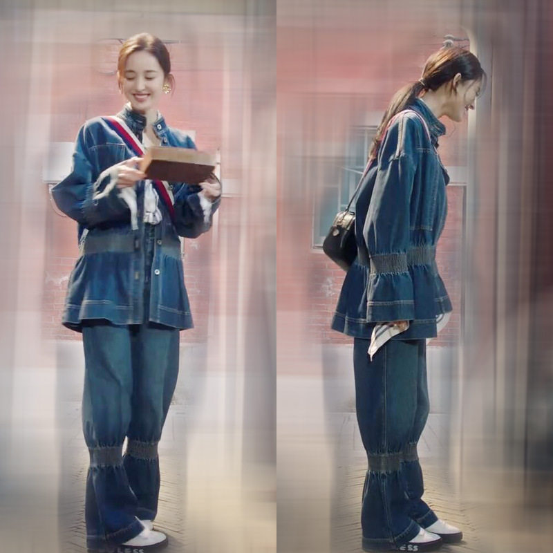 十年三月三十日古力娜扎袁莱明星同款衣服春秋款松紧外套牛仔套装