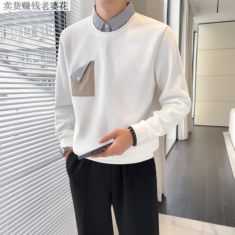 秋季新款男士韩版假两件卫衣潮流百搭衬衫领针织休闲套头长袖上衣