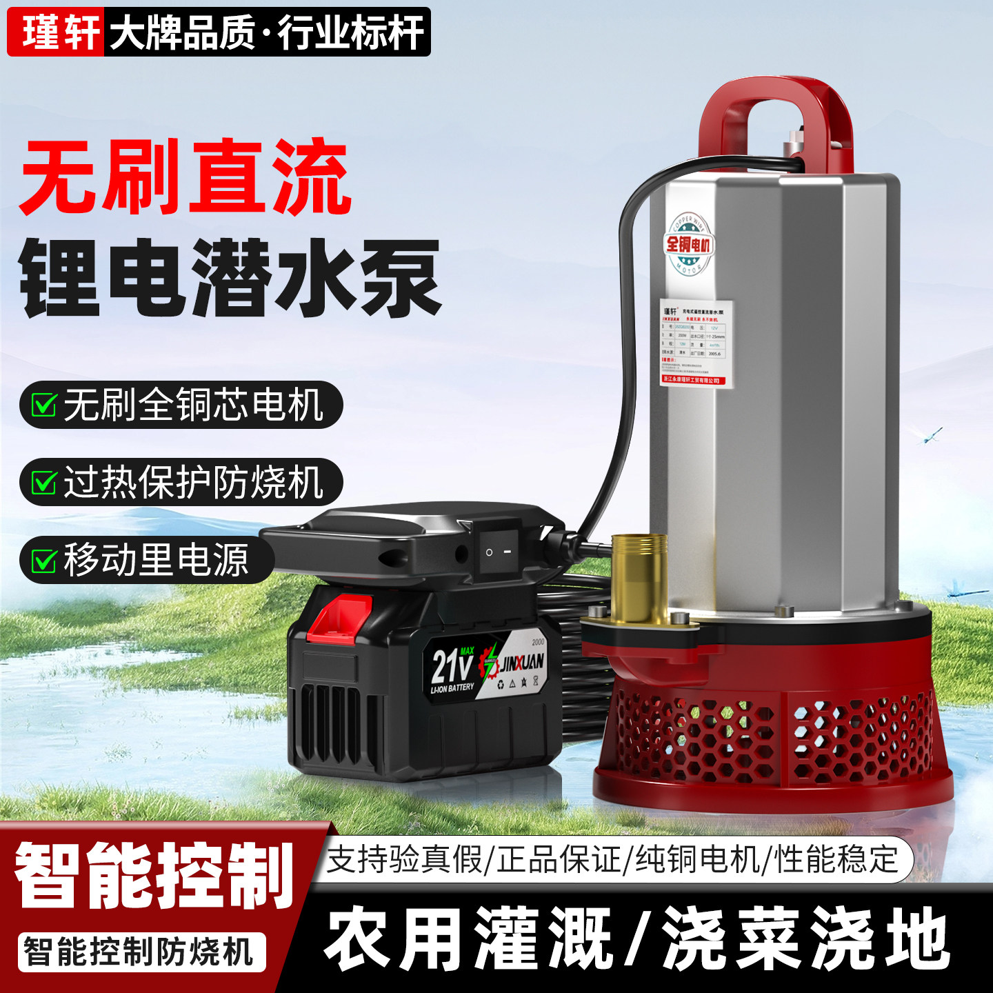 21V无刷直流潜水泵家用农用用浇菜洗车智能控制防烧机锂电抽水泵