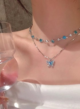 海洋传说 度假风海边蓝色蝴蝶双层项链女锁骨颈链配饰2024新款潮