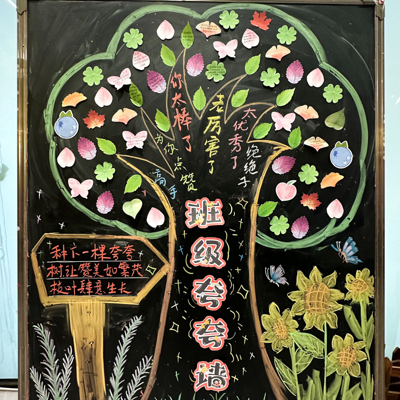 创意班级夸夸墙便利贴表扬好人好事留言贴纸教室黑板布置装饰心愿树可黏贴N次贴仿真树叶花瓣手写空白小贴画图片