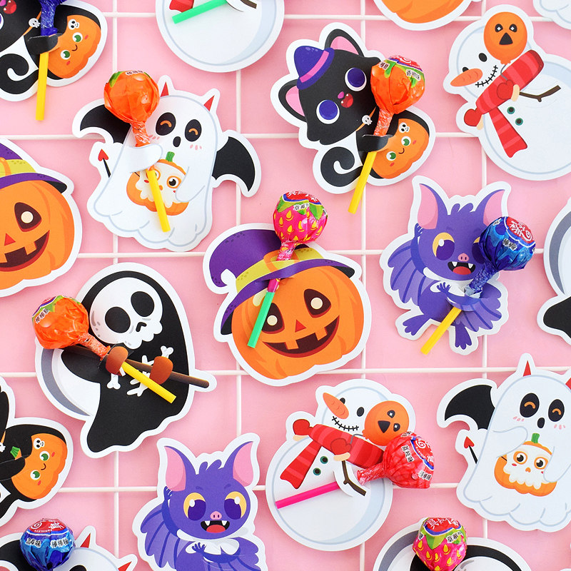 万圣节主题棒棒糖装饰纸卡卡通讨糖果墙包装插卡儿童贺卡零食奖品南瓜幽灵卡片鬼节奖励幼儿园学生卡片小礼品
