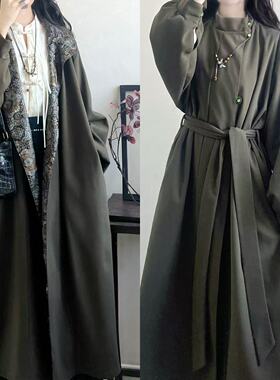 复古中性风绿色长款风衣外套女秋季宽松显瘦廓形改良汉服唐风