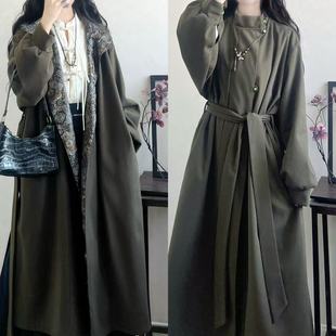 复古中性风绿色长款 宽松显瘦廓形改良汉服唐风 风衣外套女秋季