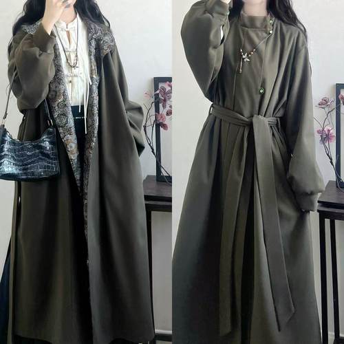 复古中性风绿色长款风衣外套