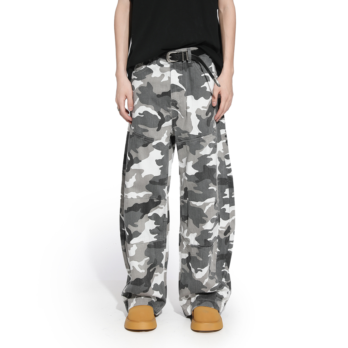 Voguo Relay 潮牌高街灰白迷彩阔腿牛仔裤男女同款宽松工装弯刀裤