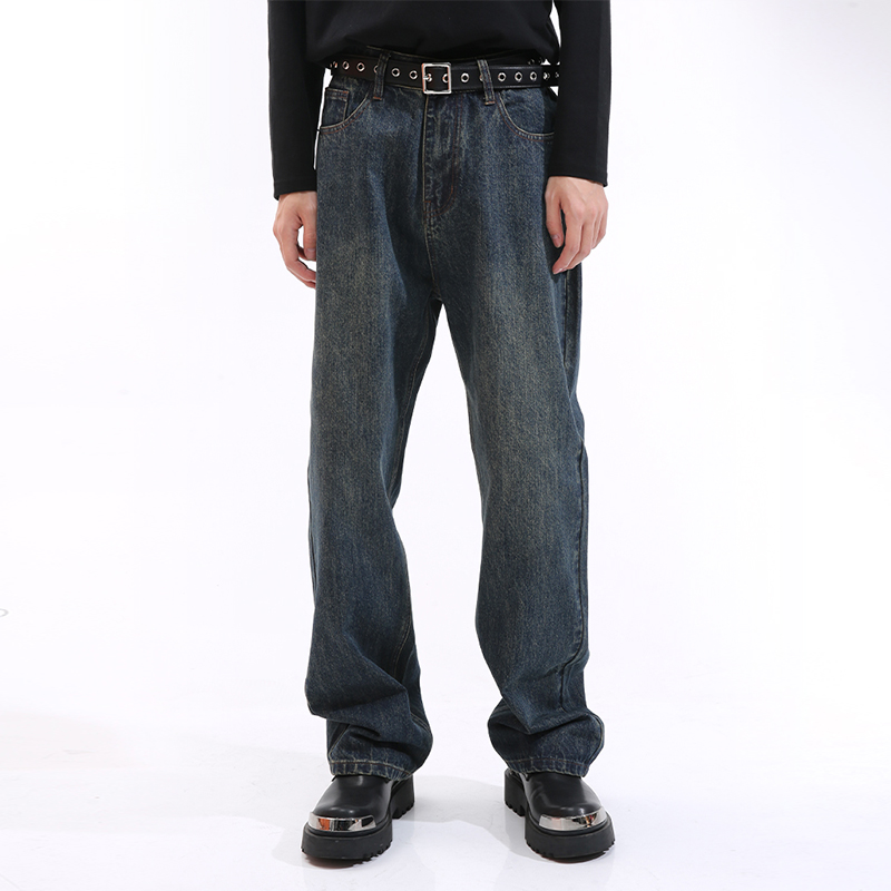 复古蓝韩版宽松直筒中腰牛仔裤