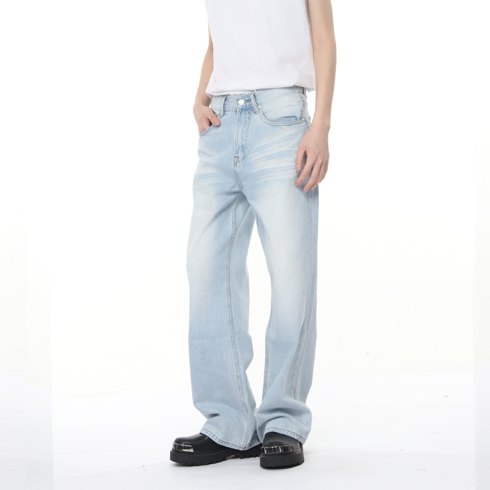 Voguo Relay 韩版百搭水洗冰蓝色宽松直筒中腰cleanfit牛仔裤男女