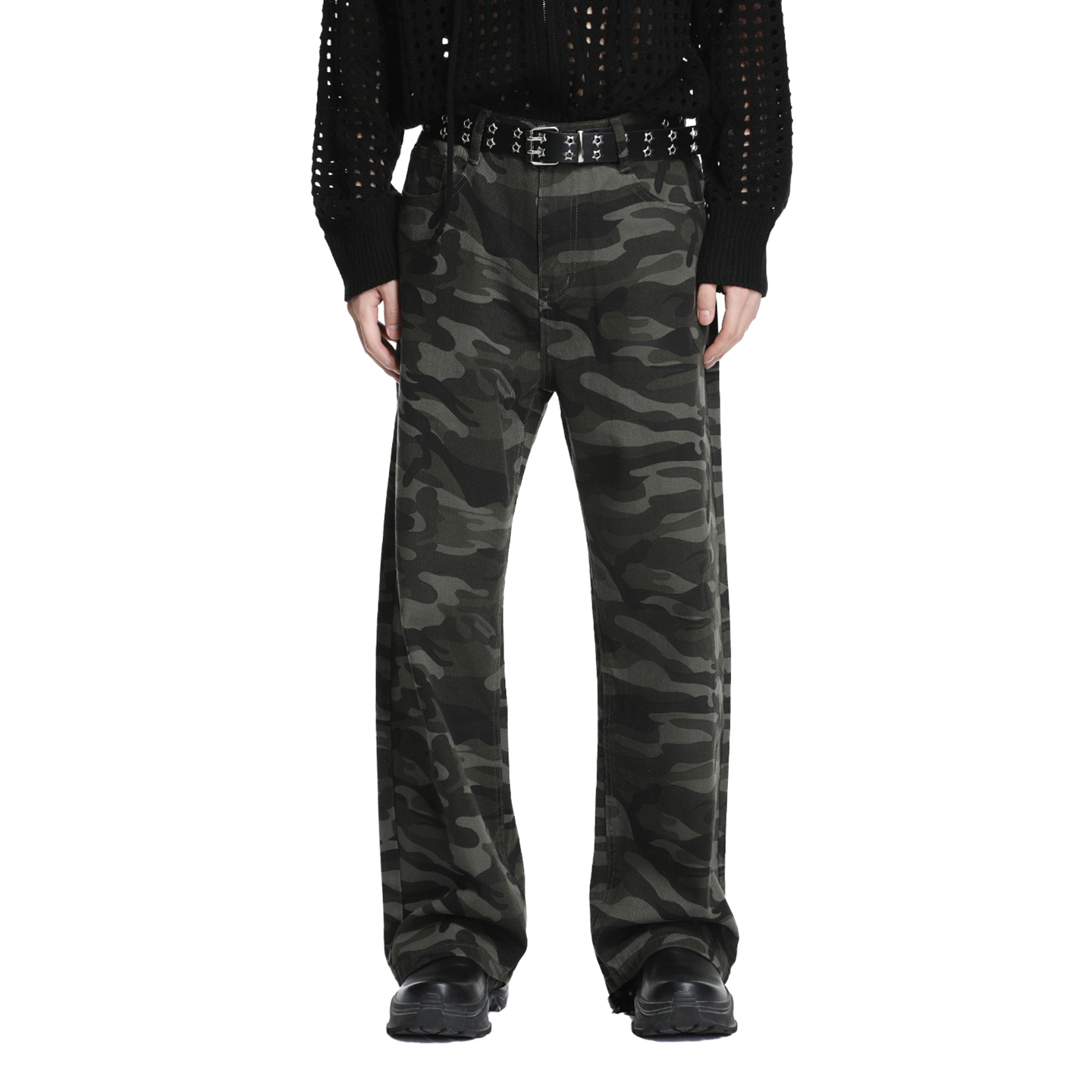 水洗深迷彩牛仔裤中腰