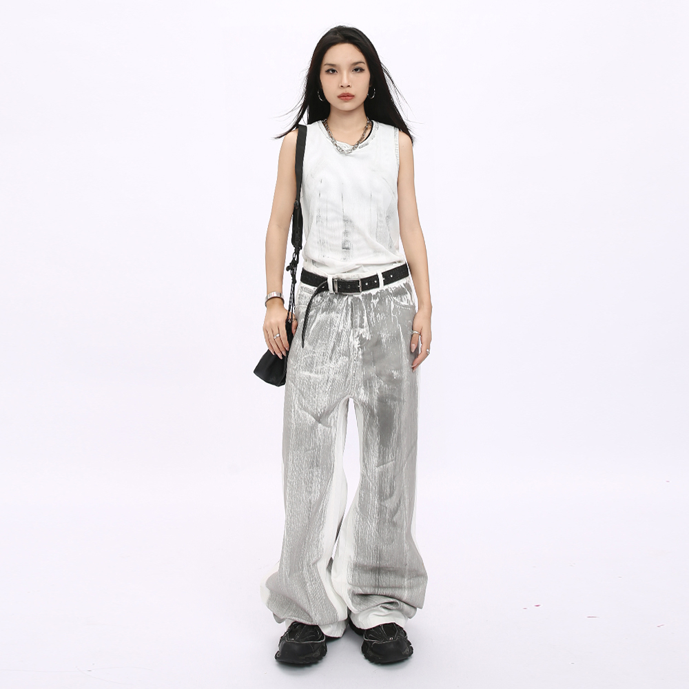 Voguo Relay 小众设计感手绘脏脏裤牛仔裤男女宽松拖地直筒长裤子