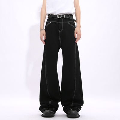 设计感辑明线轮廓设计黑色牛仔裤