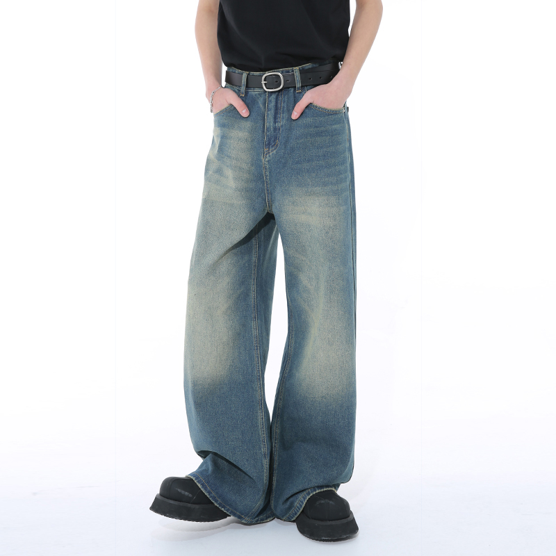 韩风做旧蓝牛仔裤垂感