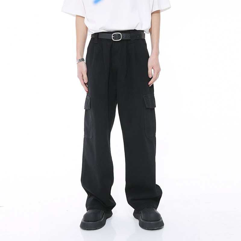 Voguo Relay 原创韩版宽松工装牛仔裤设计感多口袋黑色阔腿裤男女