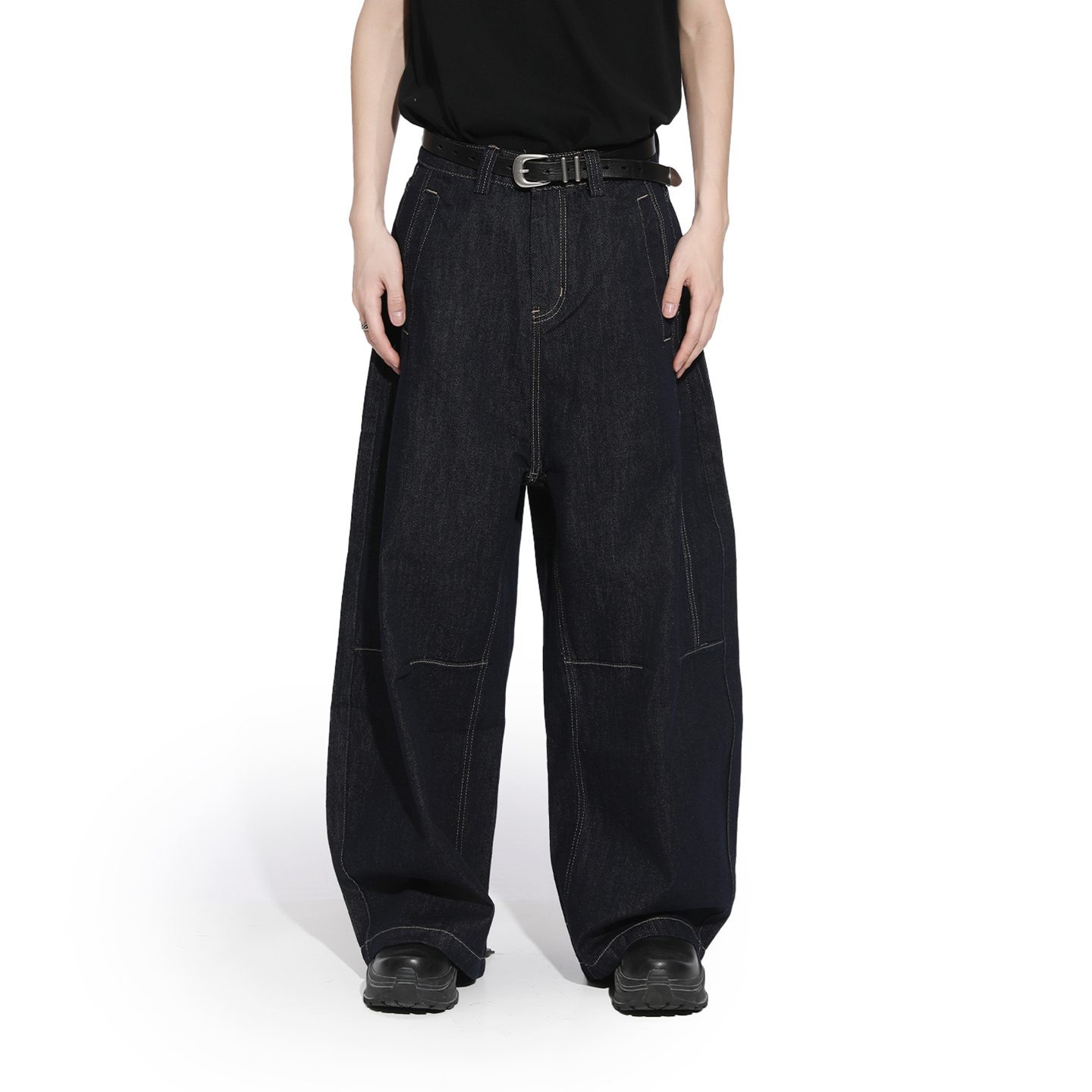 Voguo Relay 阔腿宽松baggy大弯刀牛仔裤拼接原色深蓝长裤男女