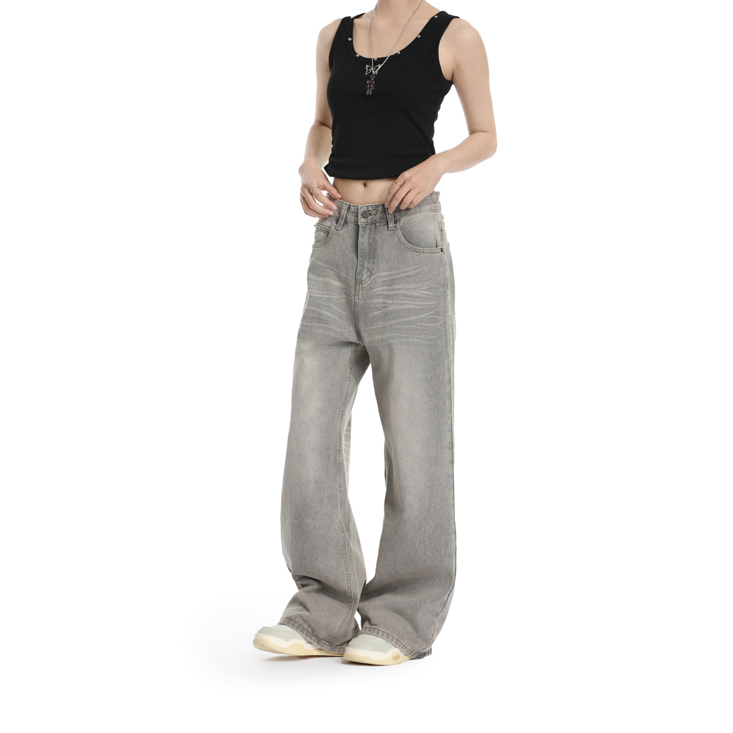 宽松直筒复古咖啡色中腰牛仔裤