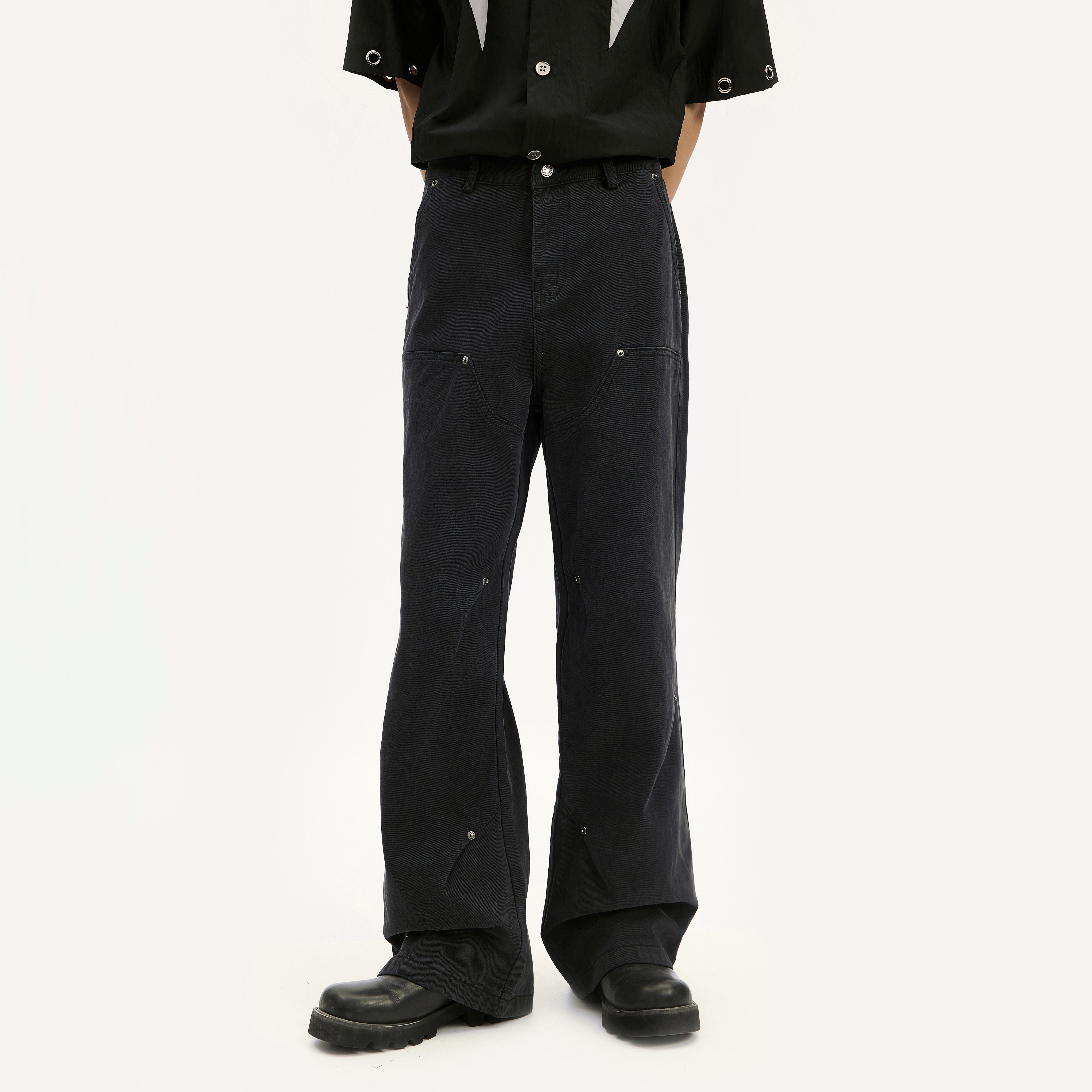 Voguo Relay 韩版裁剪拼接工装牛仔裤中腰宽松直筒休闲黑色长裤男