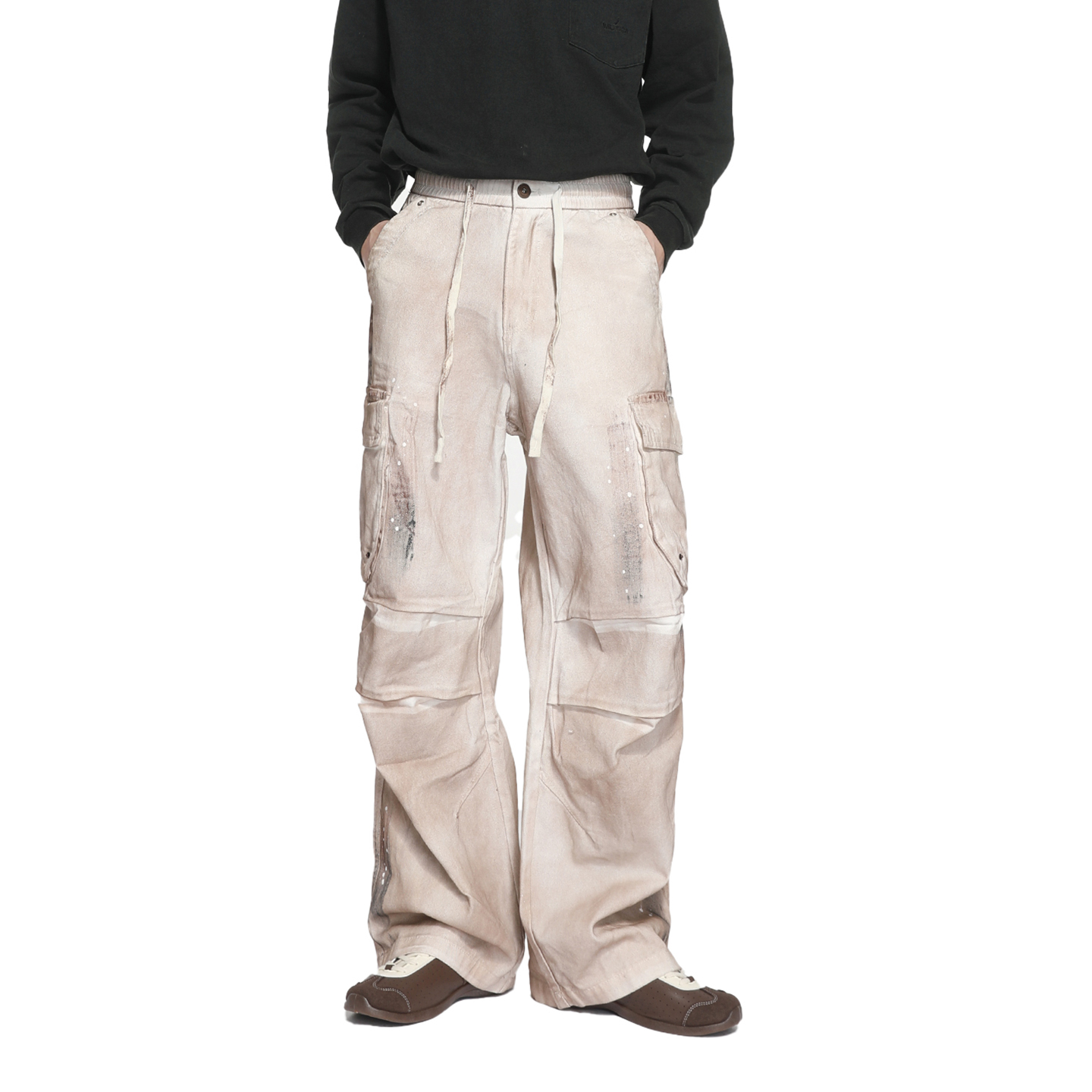 松紧腰宽松直筒阔腿裤