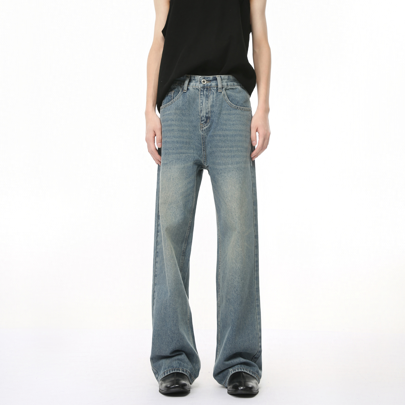 Voguo Relay 韩版复古风水洗蓝牛仔裤中腰情侣装宽松阔腿直筒长裤