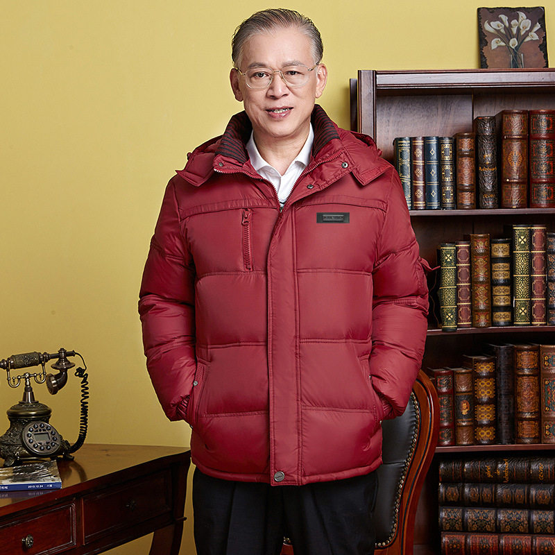 高端中老年男式本命年红色羽绒服2025冬季爸爸装休闲加厚保暖棉服