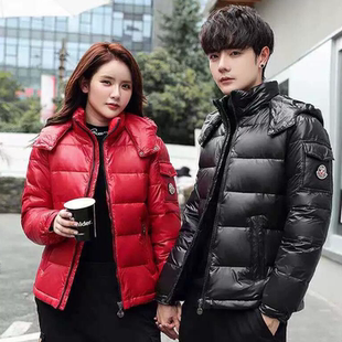 高端男士红色冬季款工装羽绒服男女同款潮流亮面加厚连帽保暖外套