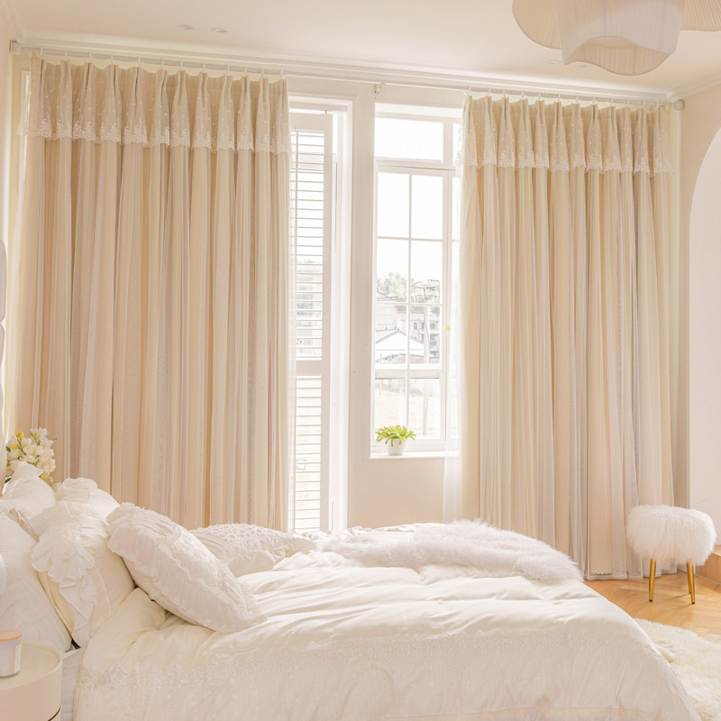 简约奶油风网红公主风双层布纱一体免打孔安装阳台飘窗遮光窗帘,居家布艺,窗纱,淘宝优惠券,粉丝福利购,淘宝优惠卷