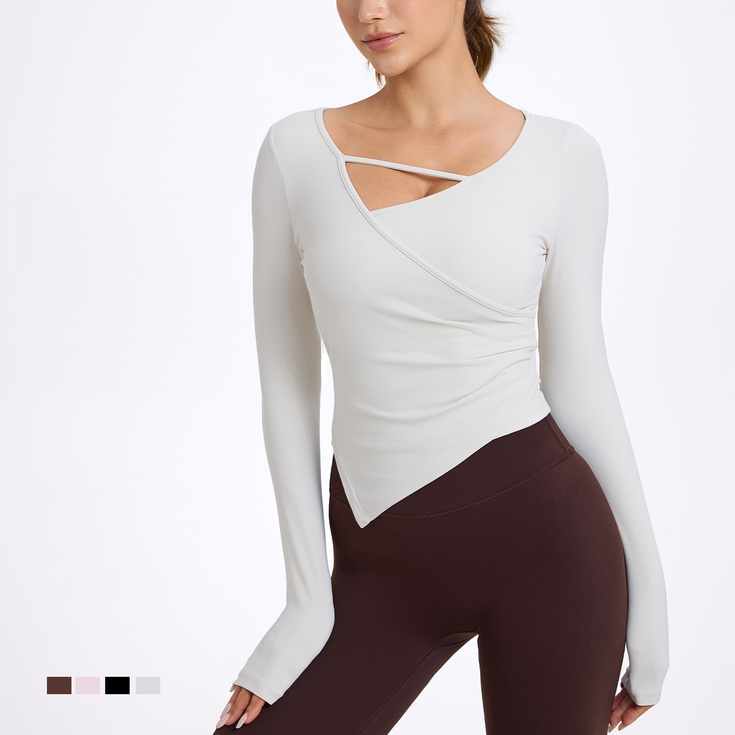 裸感瑜伽服上衣长袖缩褶运动T恤