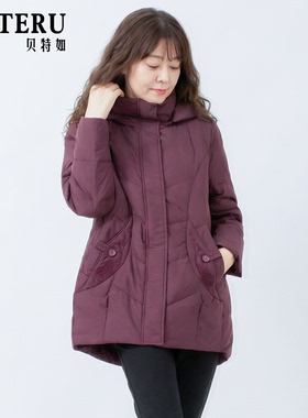 贝特如中老年女装紫色连帽羽绒服优雅加厚保暖妈妈装冬季外套ES