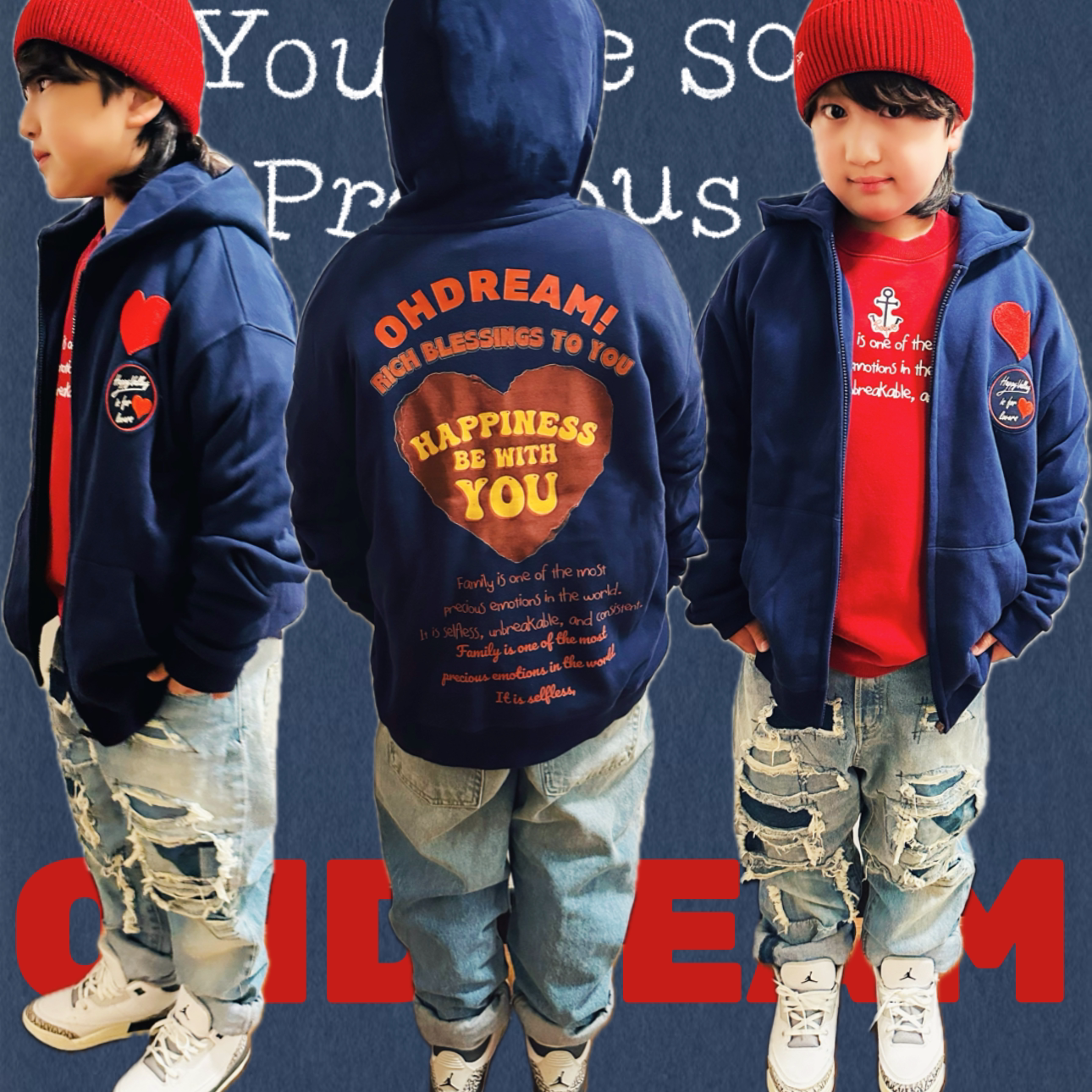 OHDREAM毛暴暴马卡龙撞色爱心开衫外套儿童亲子卫衣连帽休闲童装