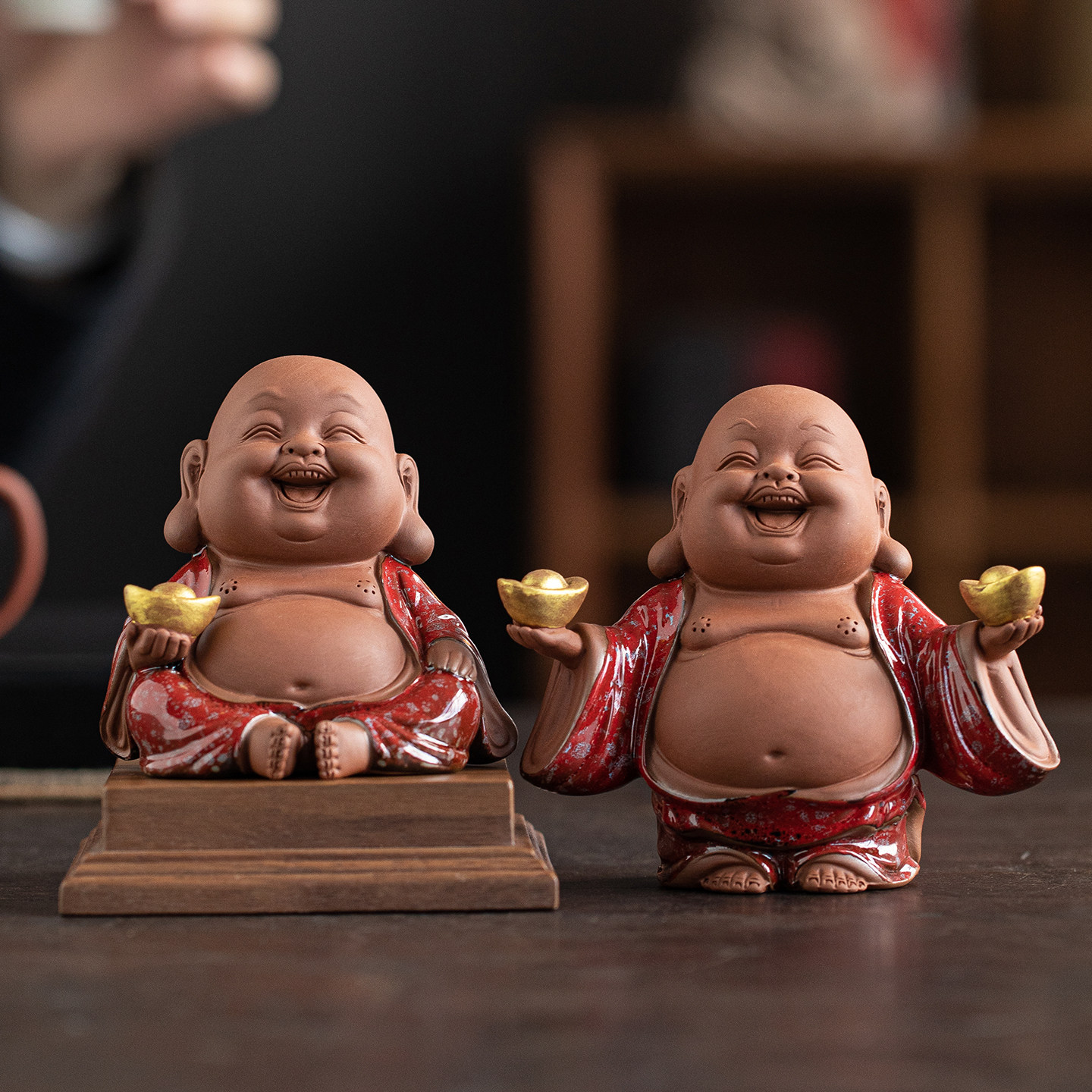 禅意陶瓷招财弥勒佛小摆件办公室桌面茶室茶台茶盘笑佛茶宠装饰品