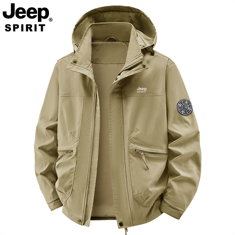 Jeep吉普夹克外套春秋季休闲大码宽松男大码连帽户外薄款冲锋上衣