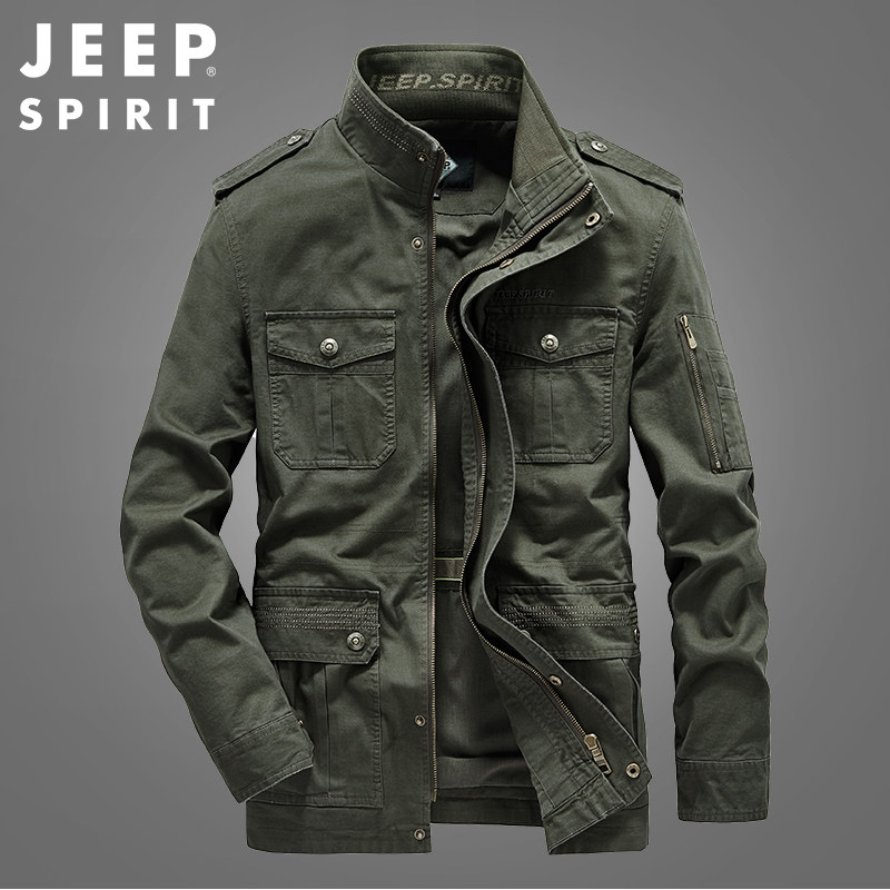 吉普纯棉大码夹克立领多袋保暖宽松外套户外男士工装军旅休闲上衣