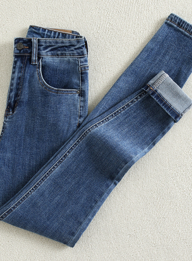 高腰紧身牛仔裤女复古修身显瘦蓝色弹力小脚长裤辣妹提臀铅笔长裤