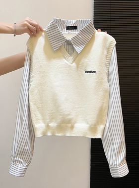 学院风假两件条纹衬衫针织马甲女春季新款叠穿百搭长袖温柔风上衣