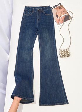 小个子高腰修身九分微喇牛仔裤女深蓝色复古显瘦喇叭裤休闲长裤